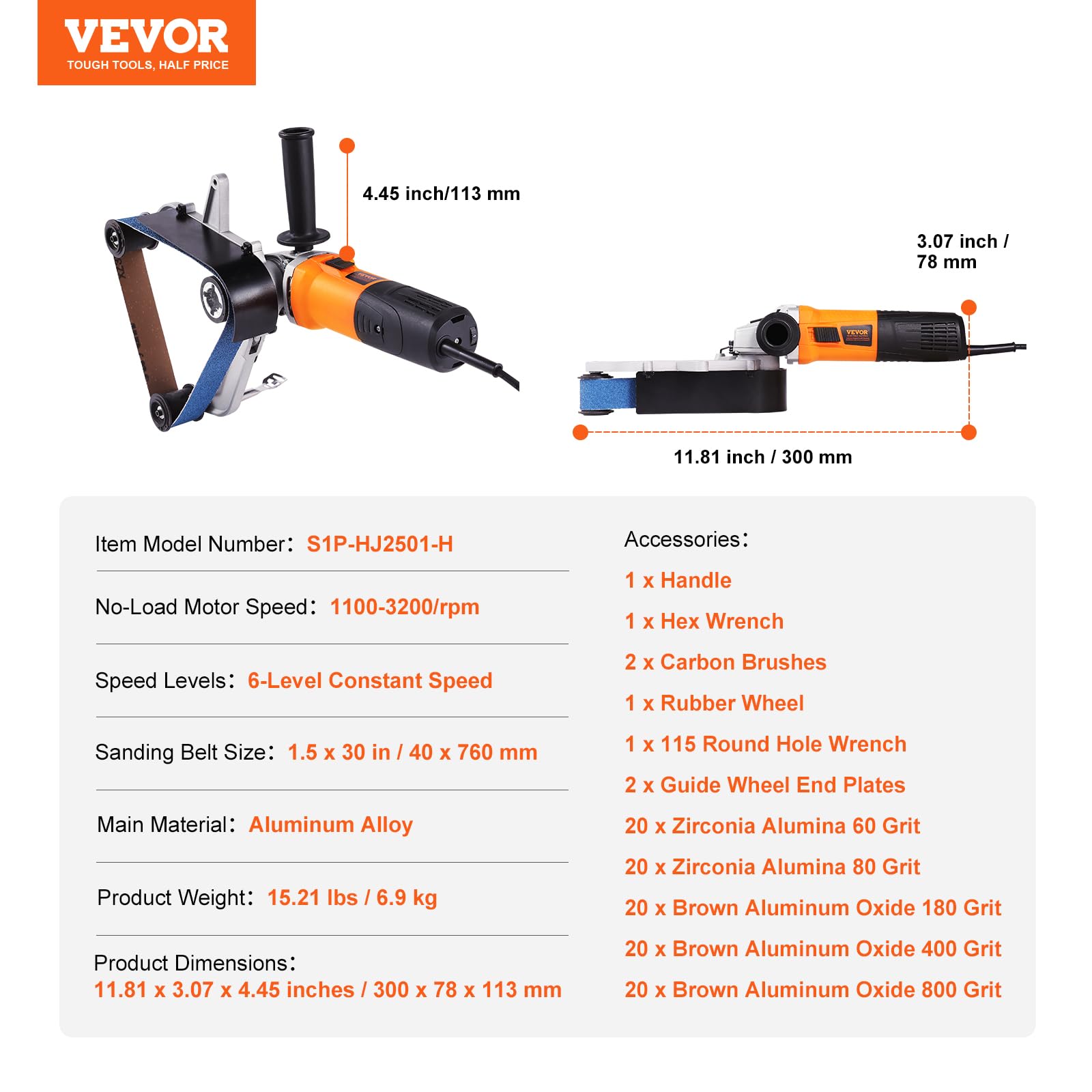 VEVOR Pipe Tube Polisher Sander, 1000W Pipe Belt Sander with 6 Variable Speeds 1100-3200rpm, Professional Belt Sander Grinding Machine with 100PCS Sanding Belts for Burnishing Finishing Rust Removal