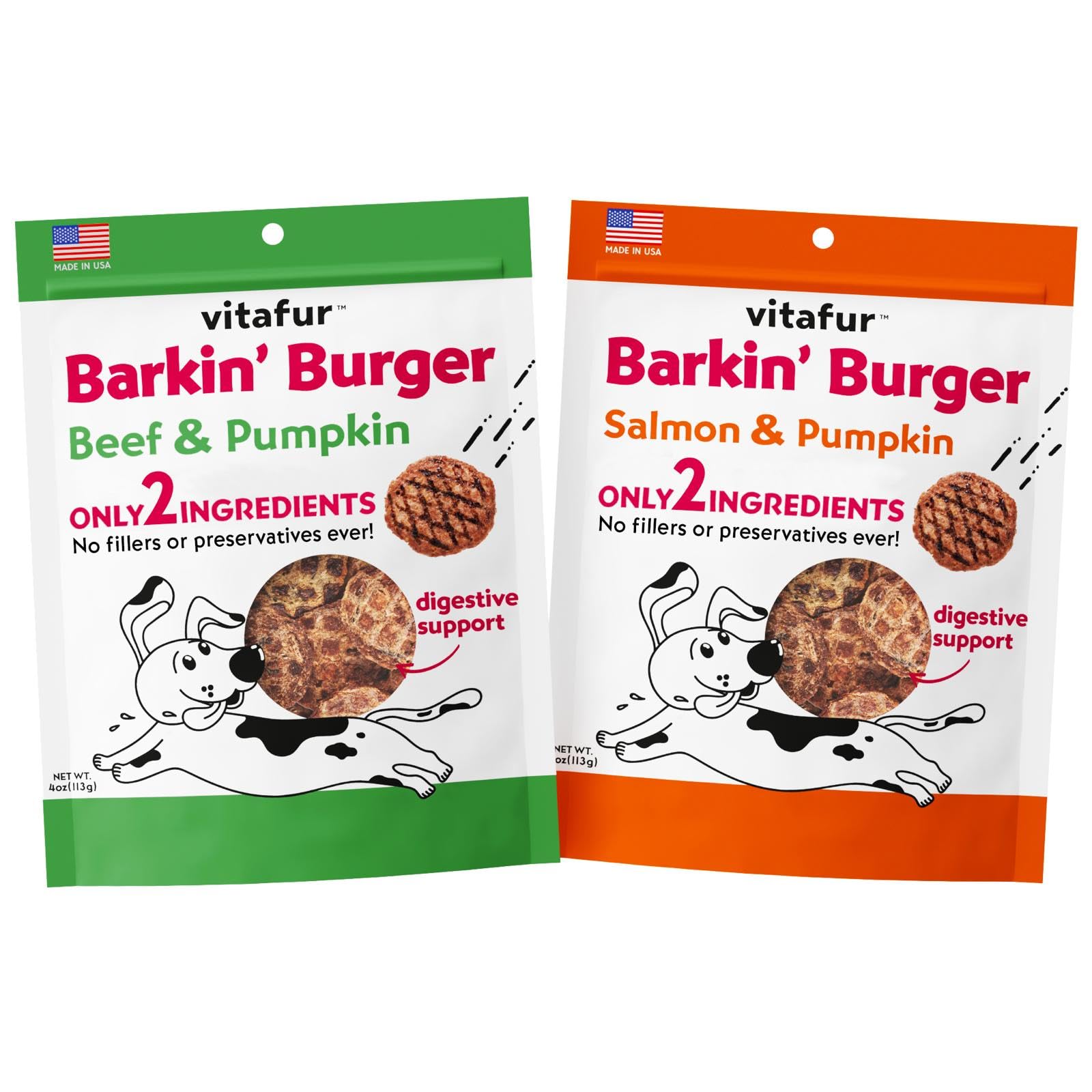 Vitafur Barkin Burger Dog Treats Combo Pack | Salmon and Pumpkin + Beef and Pumpkin Grain Free Dog Treats - Only Two Ingredient All Natural Dog Treats - 2 Pack, 4 oz Each