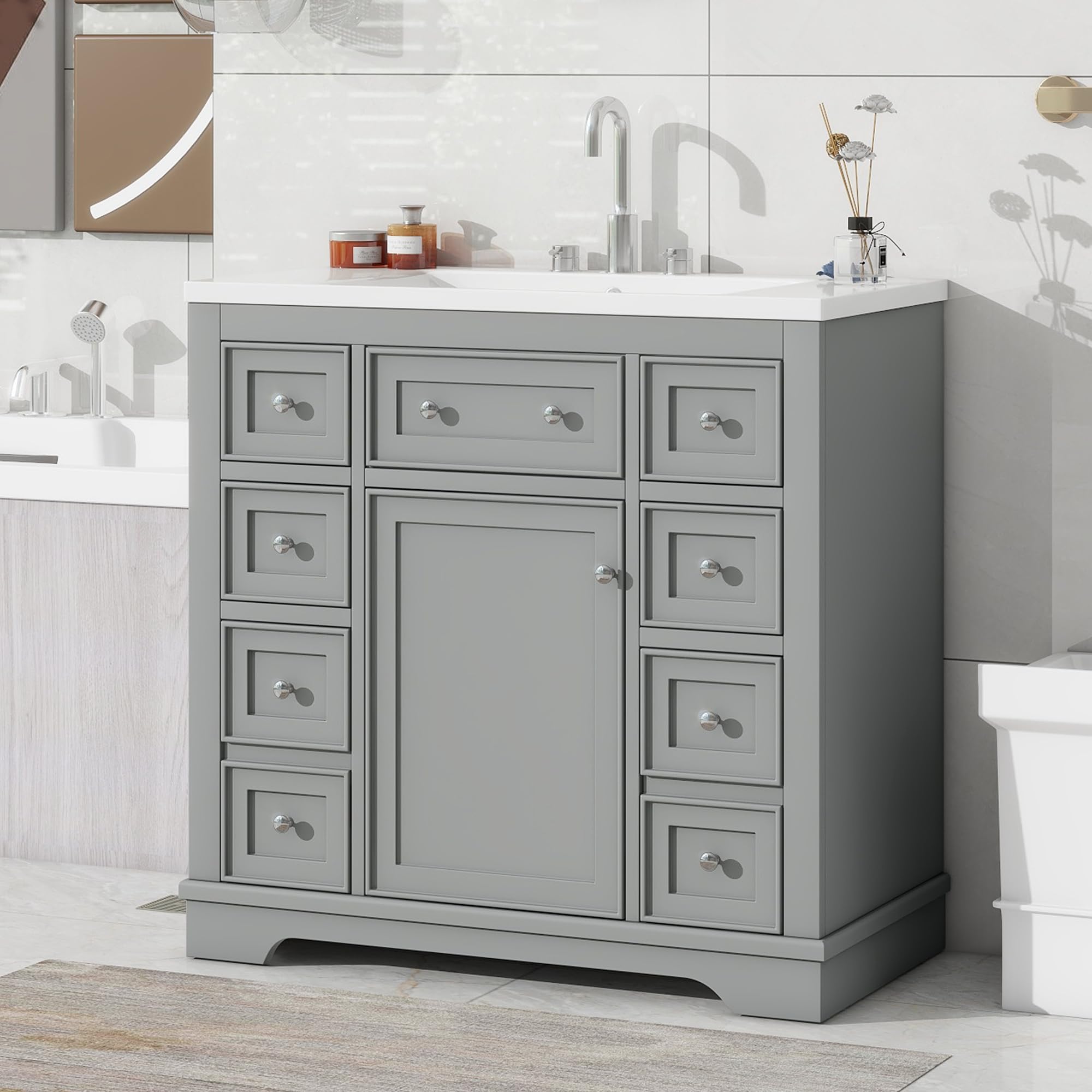 Entcook 36" Bathroom Vanity with Top and Sink, Bathroom Sink Vanity Set with 1 Cabinet 6 Drawers, Solid Wood and MDF Board, Bathroom Sink and Vanity Combo Set for Bathroom Grey