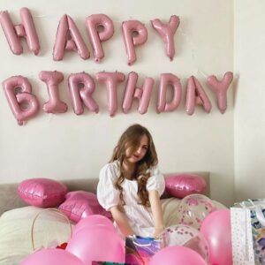 Pink Happy Birthday Balloon Banner, 16 Inch Foil Mylar Happy Birthday Balloons Letters, Reusable Happy Birthday Sign, Pink Birthday Decorations for Women and Girls