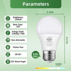 YAOHENG A19 LED Light Bulb 75 Watt Equivalent, 11 Watt Light Bulbs, 5000K Daylight, 1100 Lumens, Non-Dimmable, E26 Base Lightbulbs, Standard LED Bulbs for Home, ETL Listed(4-Pack)