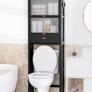 Cozivolife Over The Toilet Storage Cabinet with Drawer and Flip Door,Bamboo Bathroom Organizer Shelf with Anti-Tip Design and Waterproof Feet Pad,Freestanding Rack Above Toilet Space Saver (Black)