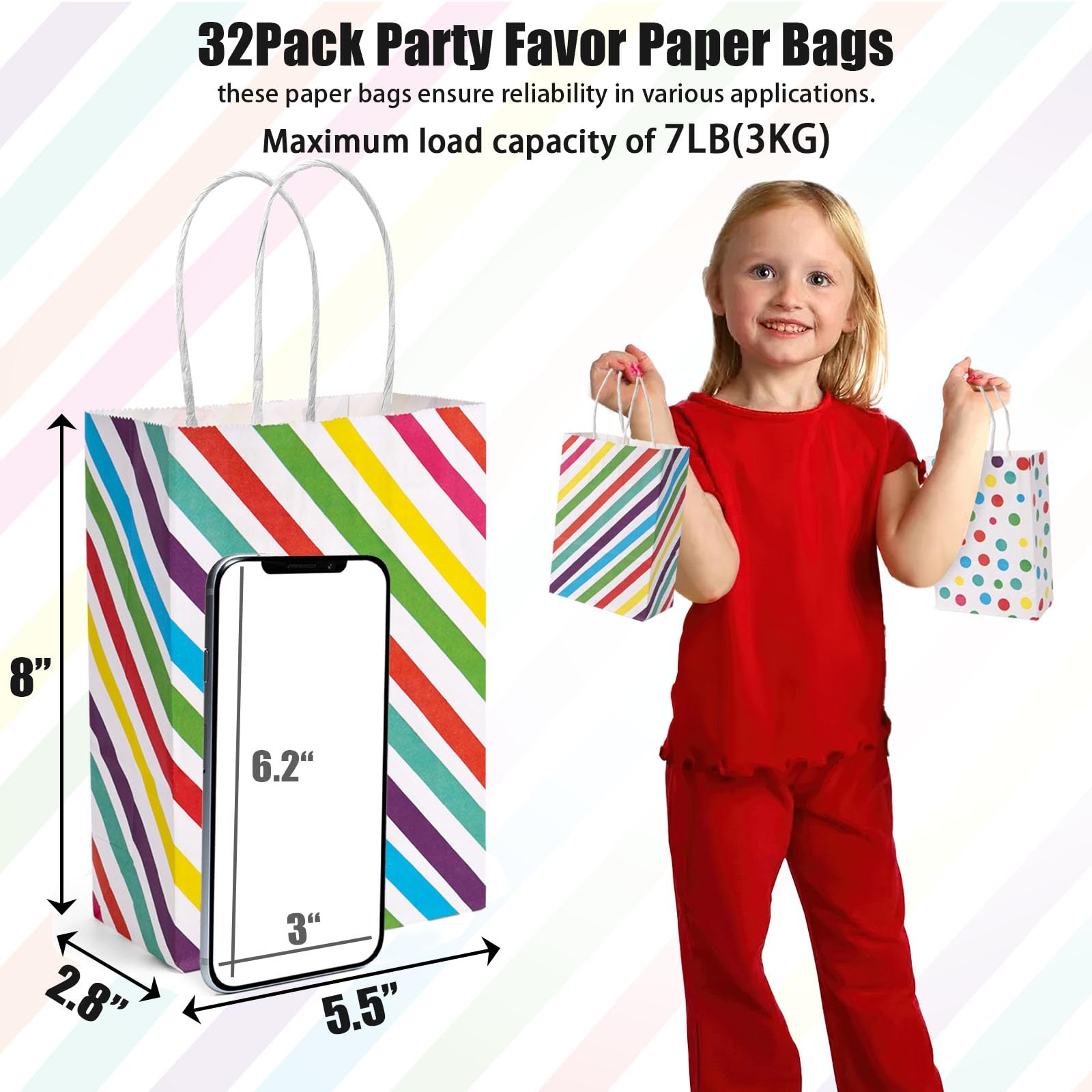 STARRKY 32PCS Gift Bags with Handles, Party Favor Bags Striped Goodie Bags Paper Bags for Wedding Birthday Party Supplies