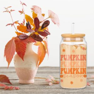 Whaline 2 Pack Fall Drinking Glasses 16oz Pink Pumpkin Flower Glass Cup Fall Harvest Iced Coffee Cup for Autumn Thanksgiving Cocktail Whiskey Beer Soda Gifts