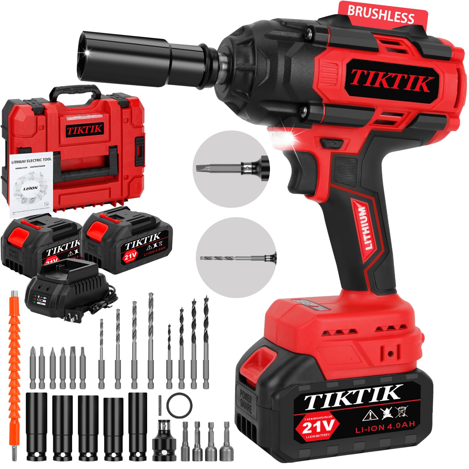 850Nm(650 Ft-lbs) Cordless Impact Gun,1/2" Power Impact Wrenches,3300RPM High Torque Impact Gun w/2 x 4.0AH Battery,5 Sockets,8 Drill,6 Screws,21V Brushless Electric Impact Wrench Set for Car Tire