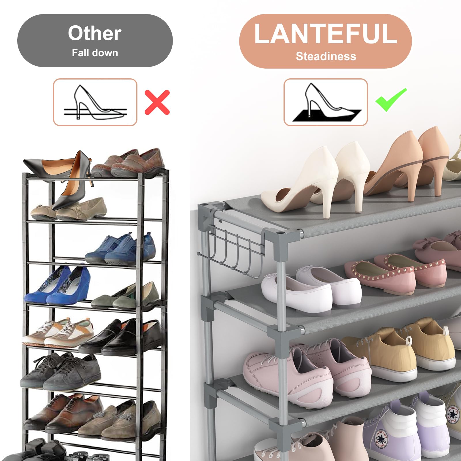 LANTEFUL 10 Tiers Shoe Rack 50 Pairs Large Capacity Tall Shoe Organizer Sturdy Shoe Storage with Two Hooks Space Saving Metal Wide Shoe Rack for Closet, Entryway, Bedroom, Grey