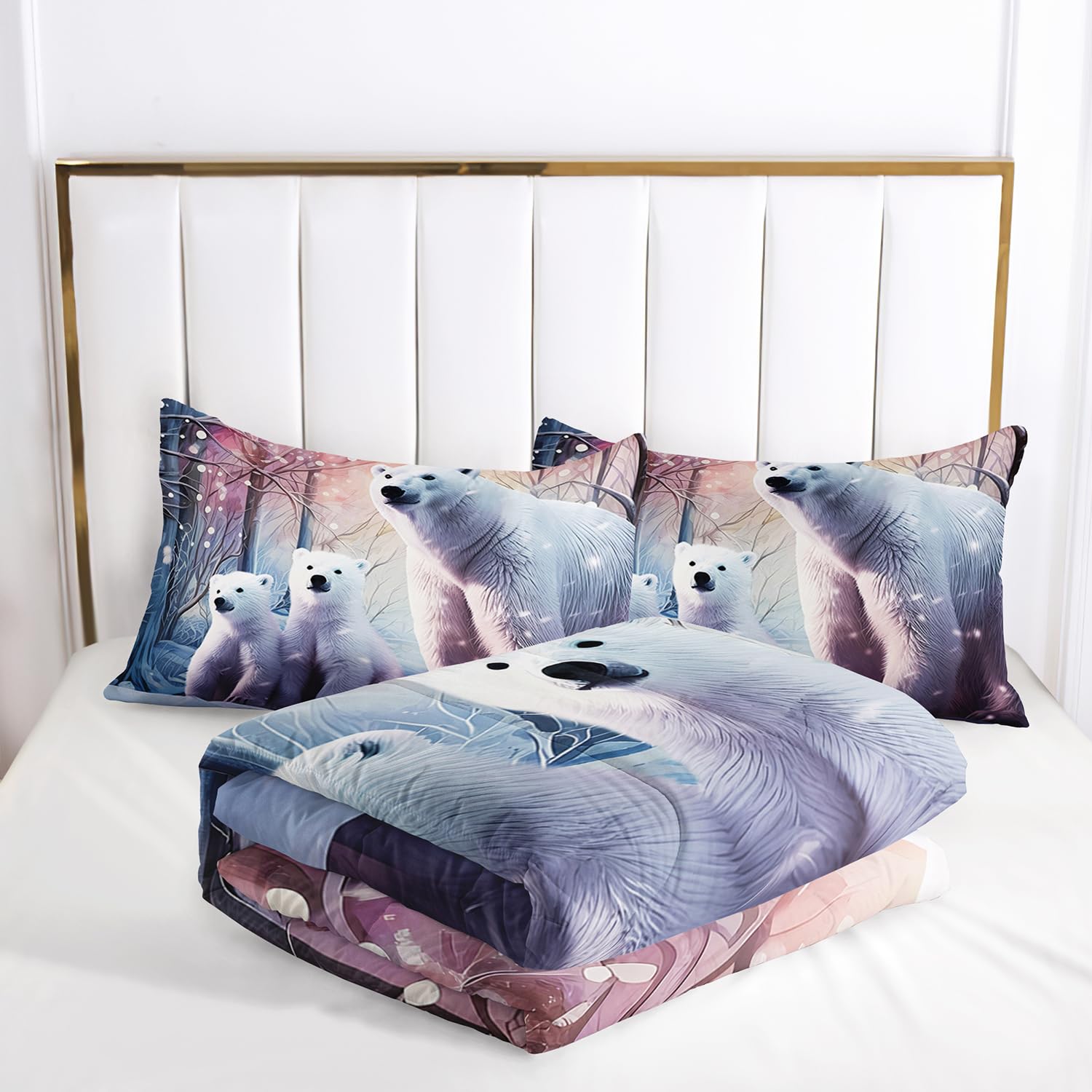 AILONEN Polar Bear Comforter Set for Girls Boys, Arctic Animals Twin Bedding Winter Snow Bear Kawaii Kids Comforter with 2 Pillowcases,3 Pieces Twin Bed in a Bag