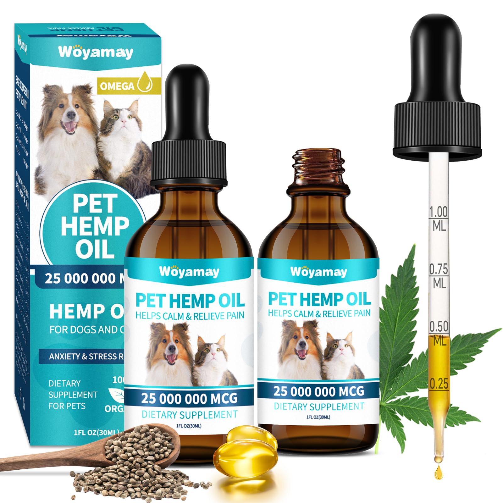 Woyamay Hemp Oil for Dogs and Cats - Hemp Oil Drops Rich in Omega 3, 6, 9 and Organic Extract Helps Pets with Аnxiеty, Pаin, Strеss, Slееp, Аrthritis, Sеizures Rеlief, Pets Calming Treat-2 Pack