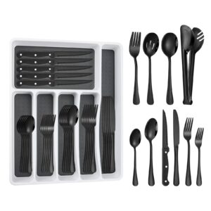 53pcs black silverware set for 8 with cutlery drawer organizer, stainless steel flatware set with steak knives, include spoons and forks set & serving utensils, mirror polished