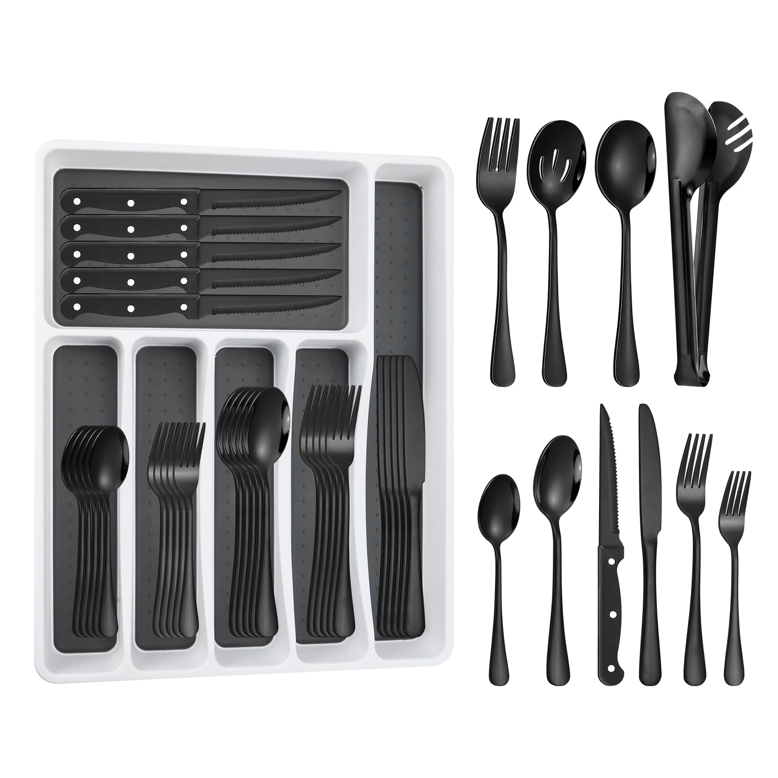 53PCS Black Silverware Set for 8 with Cutlery Drawer Organizer, Stainless Steel Flatware Set with Steak Knives, Include Spoons and Forks Set & Serving Utensils, Mirror Polished