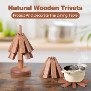 Fzaqwen Wooden Trivets for Hot Dishes - Walnut Tree Shape Table Insulation Mat Set for Hot Pots and Pans Collapsible Coasters Heat Resistant Pads for Kitchen Counter 4 Wooden Trivet and 1 Stand