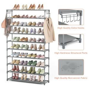 LANTEFUL 10 Tiers Shoe Rack 50 Pairs Large Capacity Tall Shoe Organizer Sturdy Shoe Storage with Two Hooks Space Saving Metal Wide Shoe Rack for Closet, Entryway, Bedroom, Grey