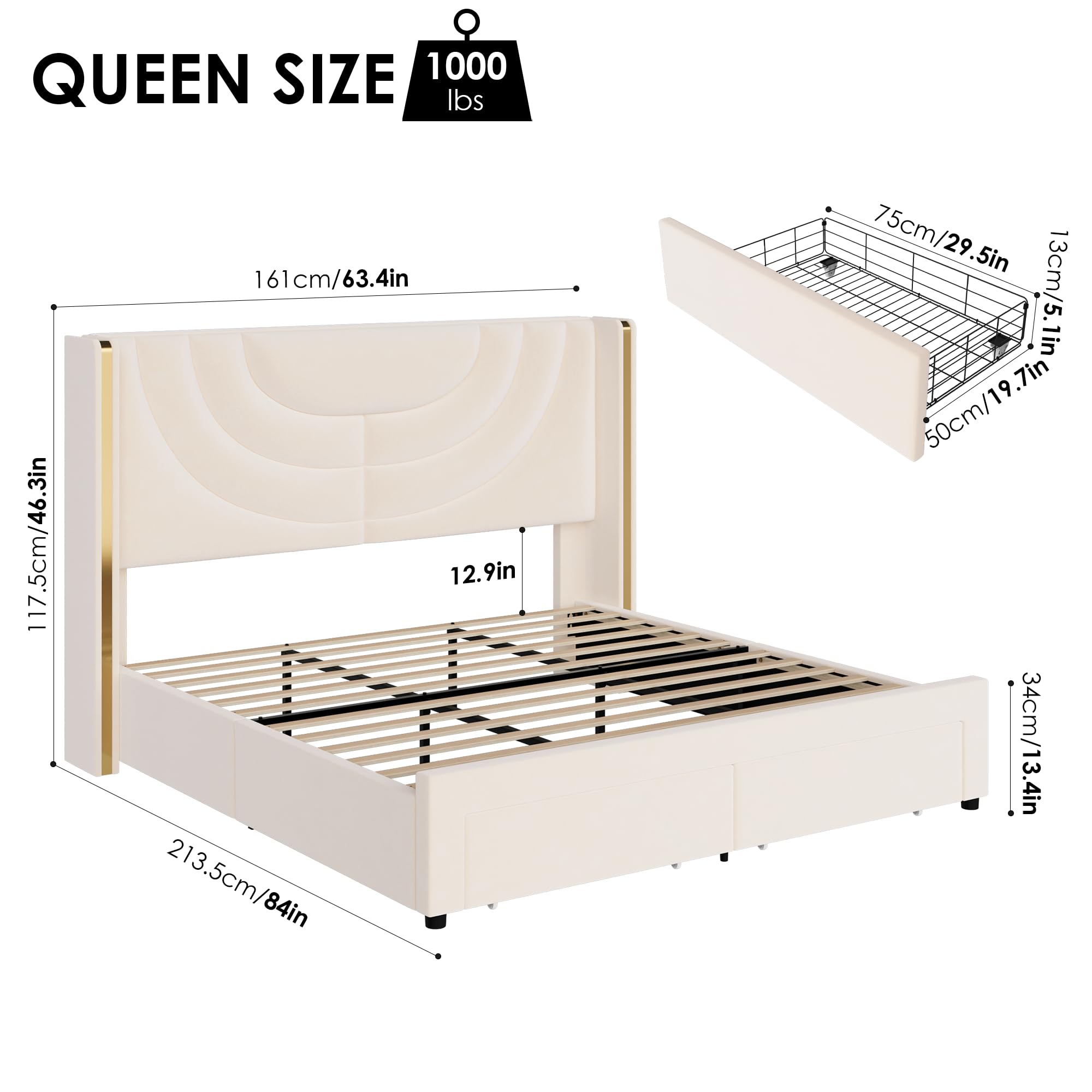 HITHOS Queen Upholstered LED Bed Frame with 2 Storage Drawers, Velvet Platform Bed with Wingback Headboard, Solid Wooden Slats Support, No Box Spring Needed, Headboard Splicing Design, Beige