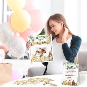 Beeveer 65 Pcs Baby Shower Guest Book Alternatives He or She Gender Reveal Baby Shower Decorations Sign in Guest Book with Picture Frame and 60 Wooden Chip for Baby Shower(Green,Woodland Animal)