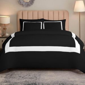 High Kotton 5 Piece Luxury Full Black and White Border Line Pattern Duvet Cover Zipper Closer & Corner Ties 1000 TC, 100% Egyptian Cotton - (Super King-Size)