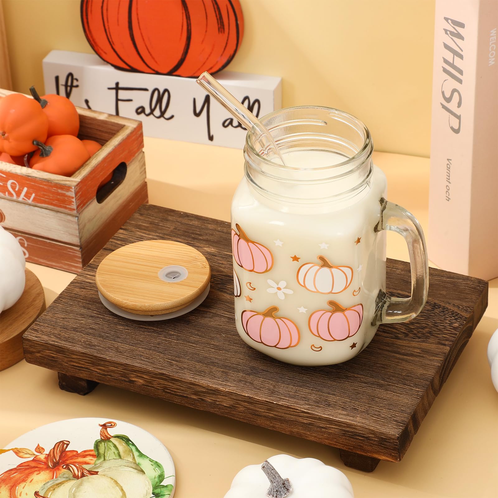 Whaline Fall Mason Jar Mug with Handle 18oz Pumpkin Flower Star Mason Jar Drinking Glasses Pink White Pumpkin Ice Coffee Cups with Lid and Straw for Iced Coffee Tea Soda Cocktail Gifts