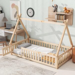 lostcat twin size floor bed for kids girls boys, wooden montessori floor bed with guardrails & door, tent-shaped floor bed, wood slat support, easy assembly, natural