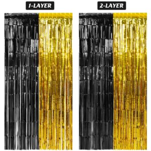 3Pack 3.3Ft x 6.6Ft Graduation Foil Fringe Curtain Backdrop Decorations, Black Gold Metallic Tinsel Foil Streamers Curtain Photo Booth Background for Graduation Prom Wedding Birthday Party Decorations