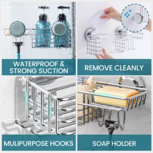 TAILI Shower Caddy Suction Cup 2 Pack with Hooks & Soap Holder, Heavy Duty Shower Organizer for Bathroom, No Drilling Silver Shower Shelves for Inside Shower, Stainless Steel Shower Holder