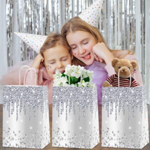 12Pcs Silver Glitter Gift Bags Glitter Diamond Goodie Bag Happy Birthday Treat Bag Diamond Silver Candy Bags Supply for Wedding Bridal Baby Shower Holiday Party Favors Decoration 4.7*3.15*8inch