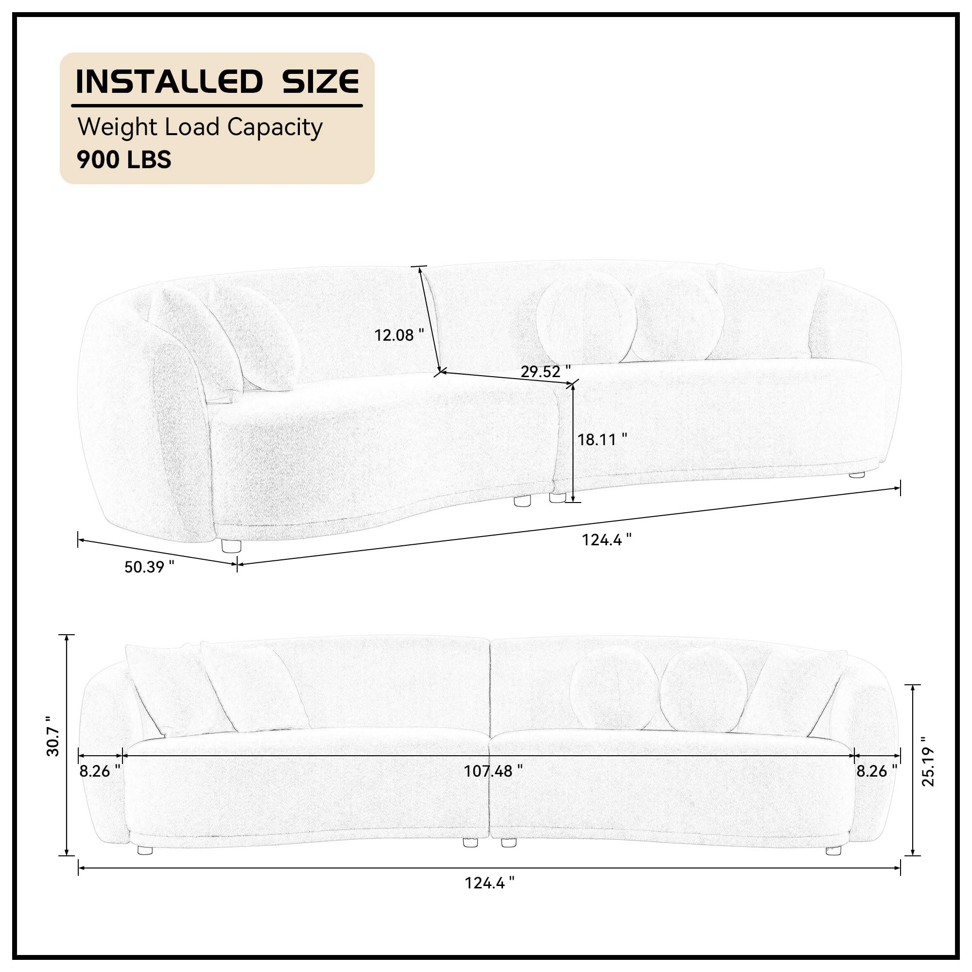 WILLIAMSPACE 124.4" Modern Curved Sofa Couch for Living Room, Oversized Upholstery Boucle Sofa Couch with 5 Throw Pillows, Luxury 5-Seat Teddy Boucle Sectional Curved Couch for Apartment (Beige)