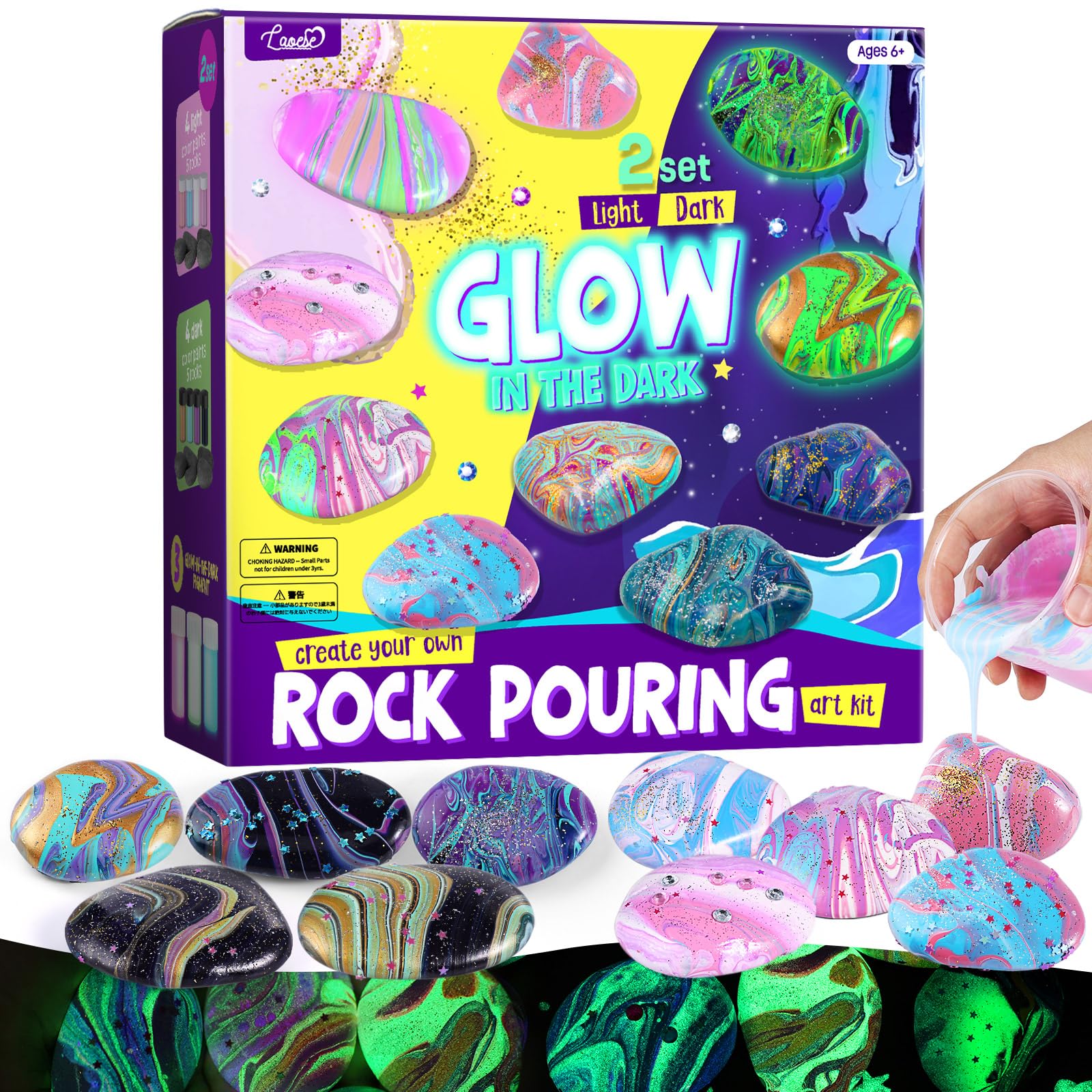 2 in 1 Rock Painting Art Kit - Glow in The Dark Pouring Rock Kit - Arts and Crafts for Kids Girls & Boys Ages 6-8, 8-12, Craft Paint Kits Art Toys, Art Supplies Christmas Birthday Gift for Kids