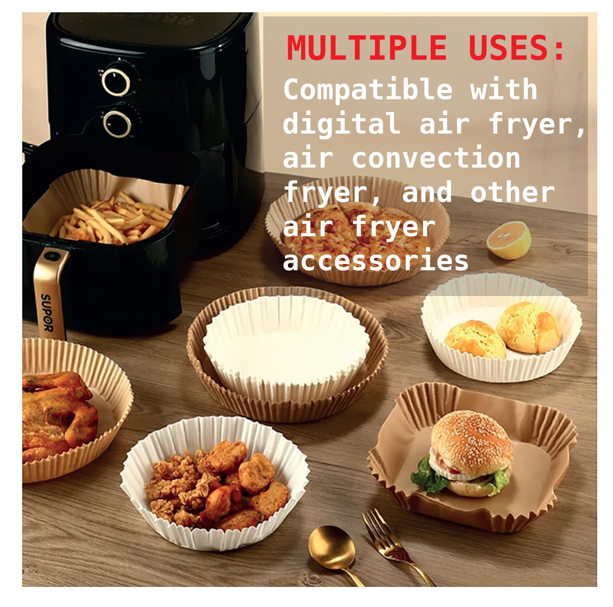 Generic Air Fryer Liners 100 PCS, Premium Parchment Paper for 5-7 Qt Air Fryer Baskets, Oven Safe up to 450°F, Greaseproof & Non-Stick, Easy Cleanup, Multi-Use, unbleached