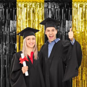 3Pack 3.3Ft x 6.6Ft Graduation Foil Fringe Curtain Backdrop Decorations, Black Gold Metallic Tinsel Foil Streamers Curtain Photo Booth Background for Graduation Prom Wedding Birthday Party Decorations