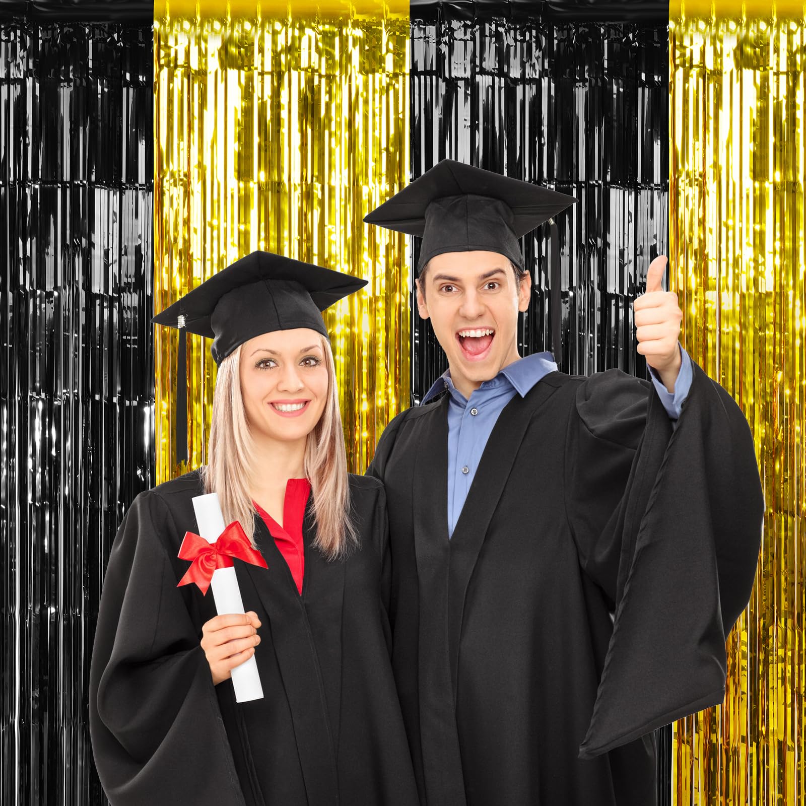 3Pack 3.3Ft x 6.6Ft Graduation Foil Fringe Curtain Backdrop Decorations, Black Gold Metallic Tinsel Foil Streamers Curtain Photo Booth Background for Graduation Prom Wedding Birthday Party Decorations