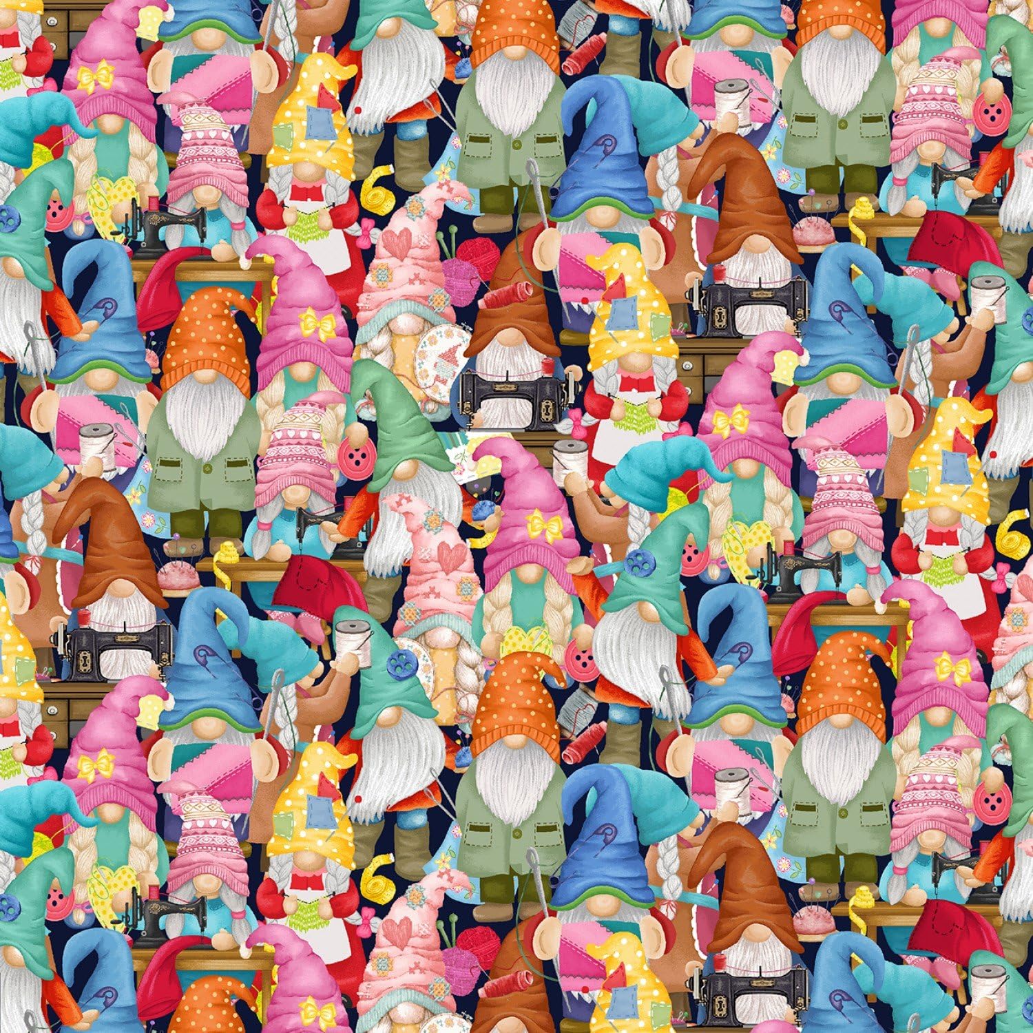 Generic Timeless Treasures Sew Many Gnomes CD2485 Multi Packed Sewing Gnomes Fabric, Mixed