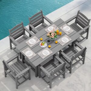 SERWALL Outdoor HDPE Dining Table Set, 7-Piece Outdoor Dining Table Sets with Umbrella Hole Cut-Out Table and 6 Chairs, Gray