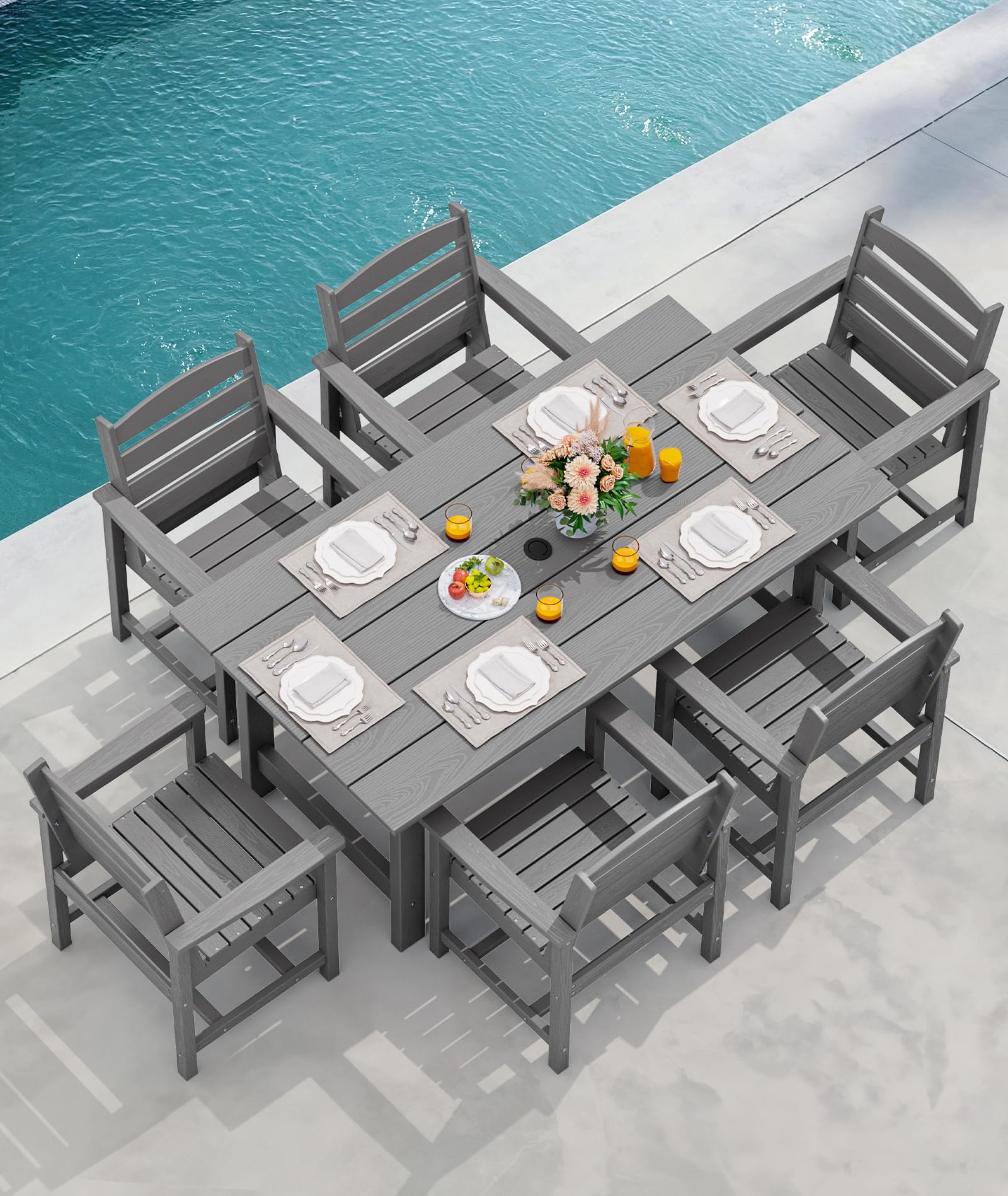 SERWALL Outdoor HDPE Dining Table Set, 7-Piece Outdoor Dining Table Sets with Umbrella Hole Cut-Out Table and 6 Chairs, Gray