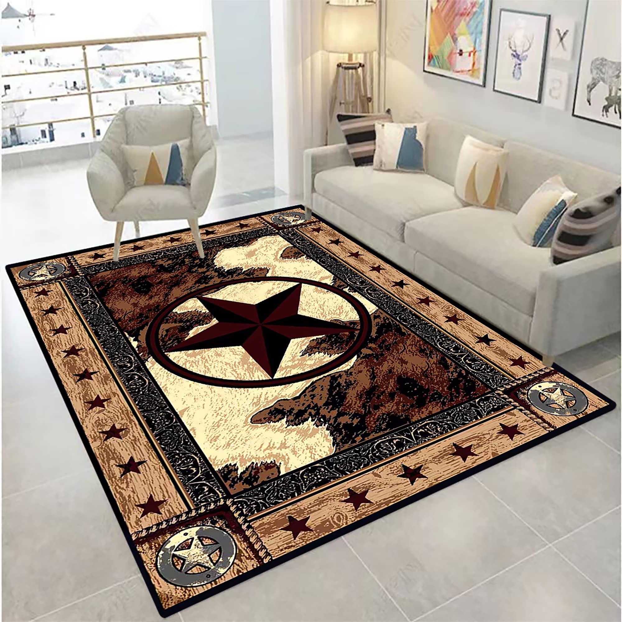 Brown Rustic Western Texas Star Modern Area Rug Primitive Carpet Farmhouse Rug Cowhide Runner Rug Non-Slipping Doormat for Hallway Kitchen Living Room Bedroom Laundry Room Entryway 8' x 10'