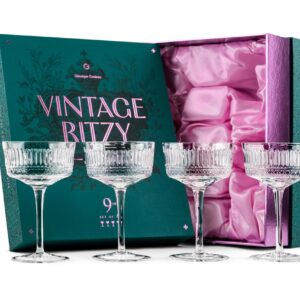 GLASSIQUE CADEAU Vintage Ritzy Cocktail and Champagne Coupe Glasses | Set of 4 | 7 oz Crystal Long Stemmed Glassware for Drinking Martini, Cosmopolitan, Manhattan | Retro Saucers