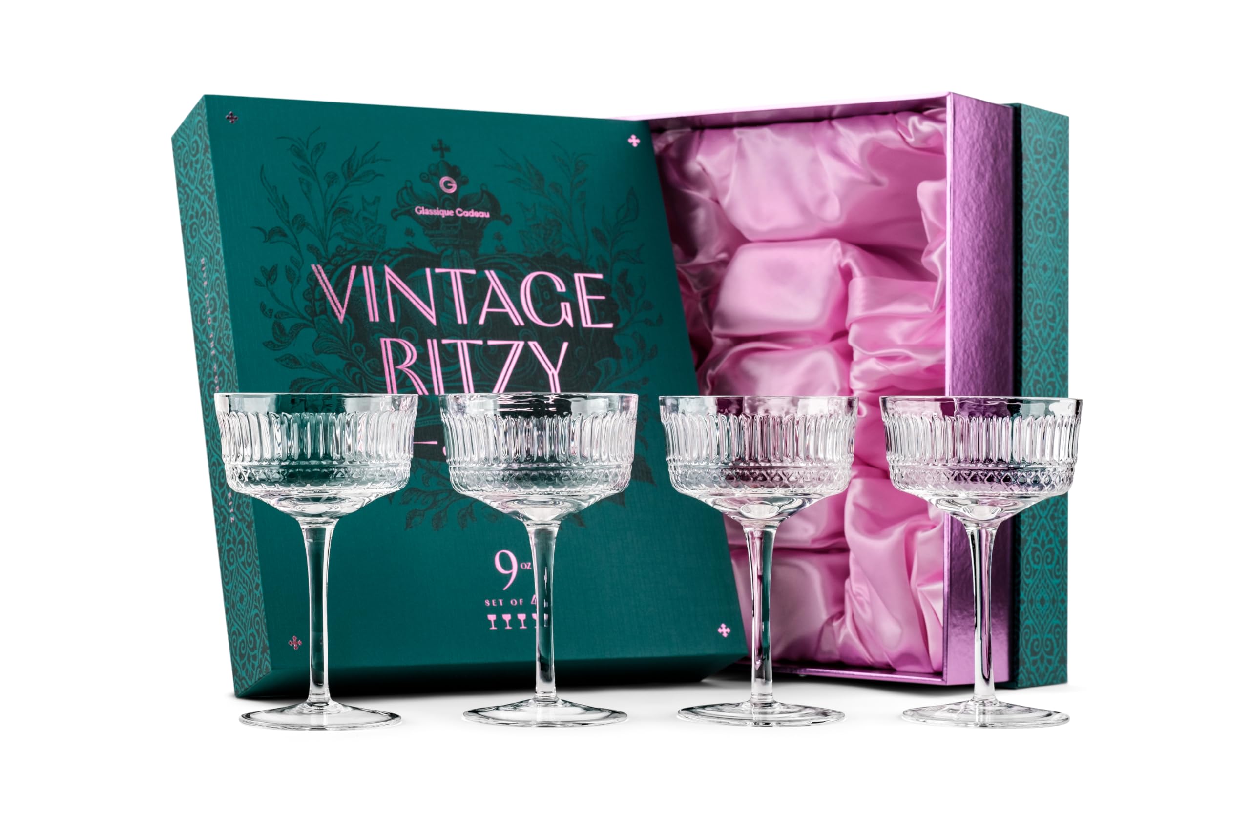 GLASSIQUE CADEAU Vintage Ritzy Cocktail and Champagne Coupe Glasses | Set of 4 | 7 oz Crystal Long Stemmed Glassware for Drinking Martini, Cosmopolitan, Manhattan | Retro Saucers