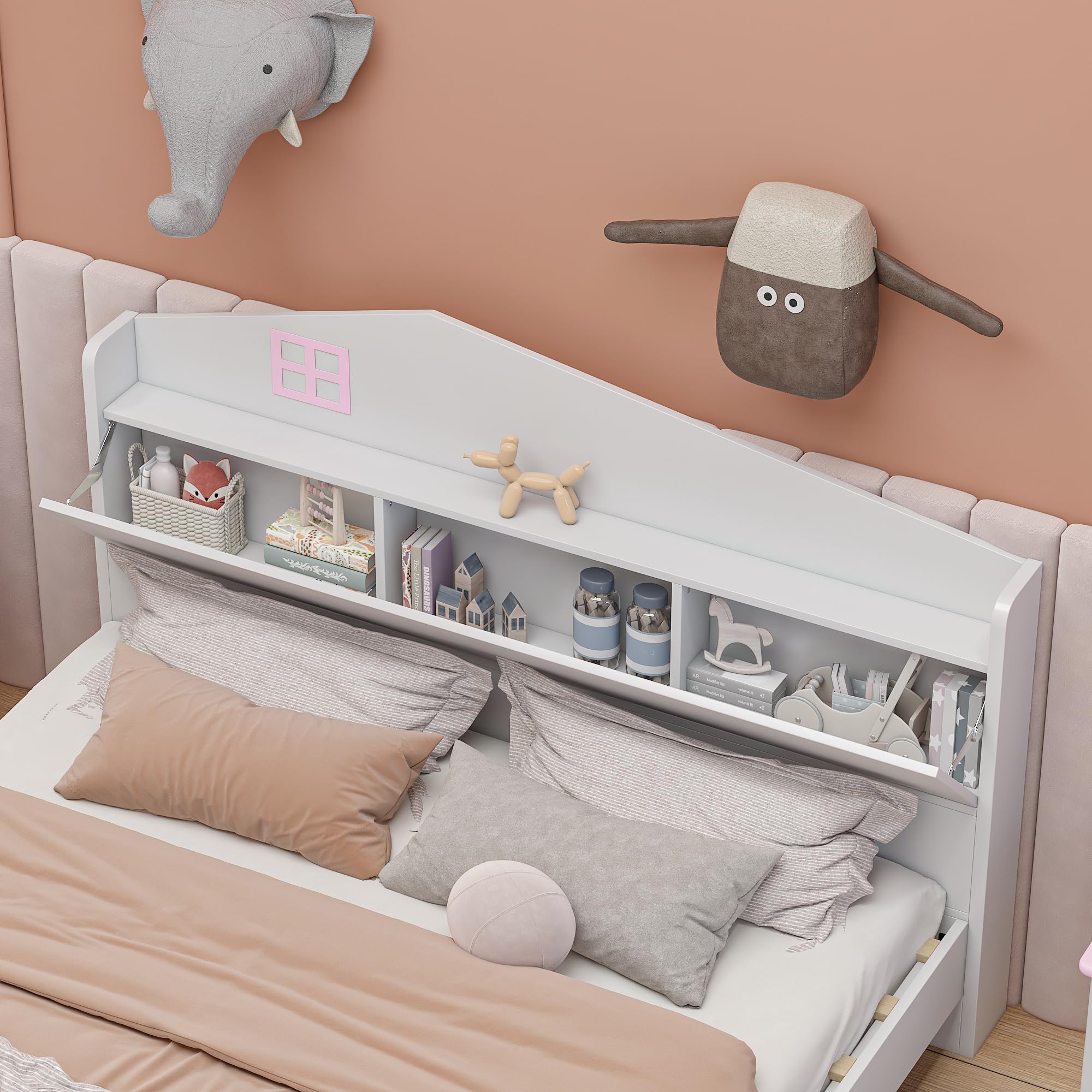 Full Bed with Storage Headboard, Wood Platform Bed with House Shaped Headboard, Kid Low Bed Frame with Shelf and Slats Support, No Box Spring Needed, White