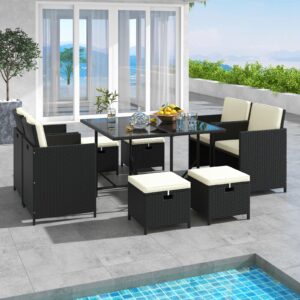 Tangkula 9 Pieces Outdoor Dining Furniture Set, Space-Saving Wicker Rattan Chairs & Tempered Glass Table with Ottomans, Cushioned Seat, Patio Conversation Set for Garden Yard Poolside (White)