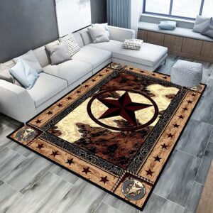 Brown Rustic Western Texas Star Modern Area Rug Primitive Carpet Farmhouse Rug Cowhide Runner Rug Non-Slipping Doormat for Hallway Kitchen Living Room Bedroom Laundry Room Entryway 8' x 10'