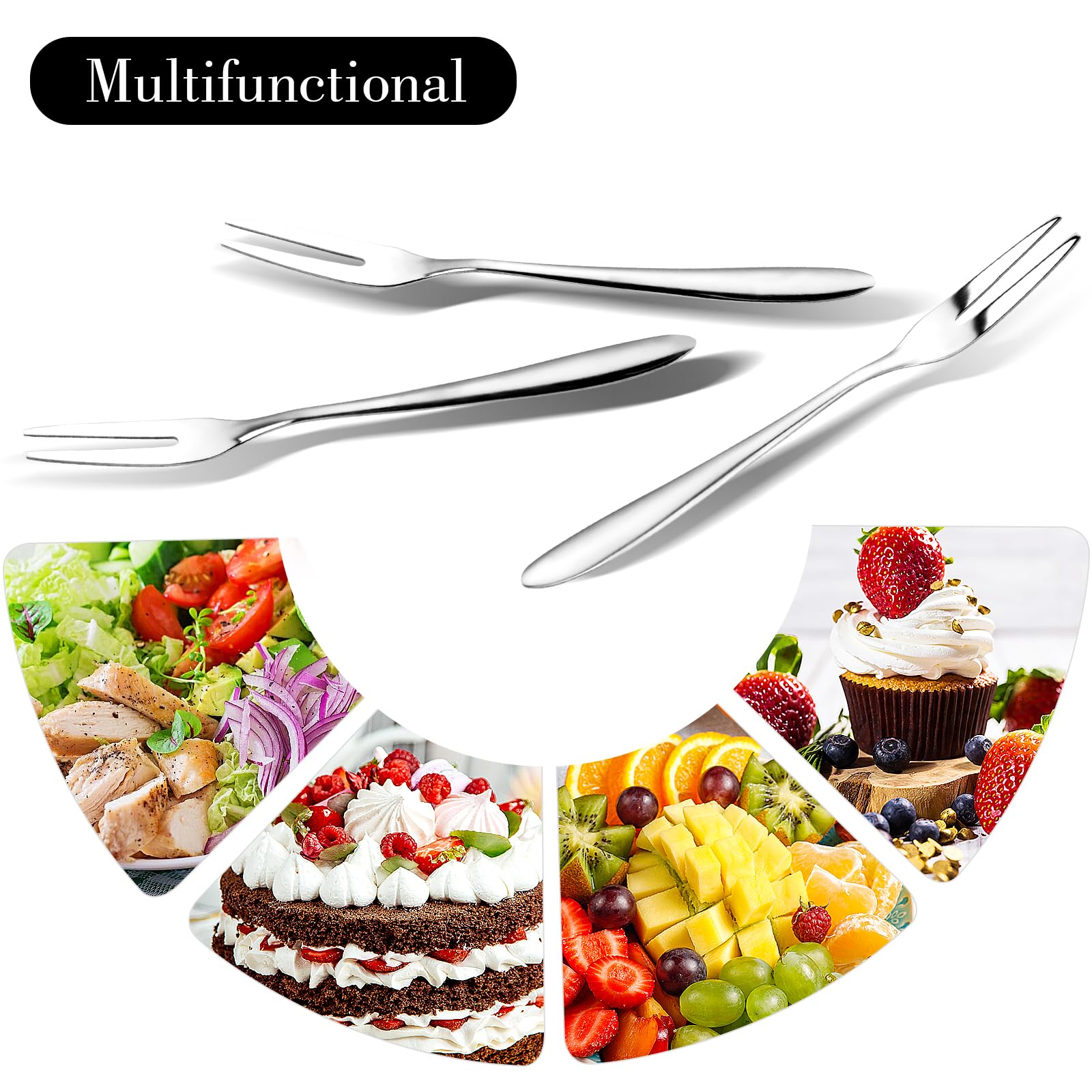 KALIONE 4 Pcs Two Prong Fruit Forks Set,Stainless Steel Cocktail Forks Tasting Appetizer Forks Multi-Purpose Seafood Forks Table Dinner Fruit Forks Small Dessert Cake Forks for Party Supplies (Silver)