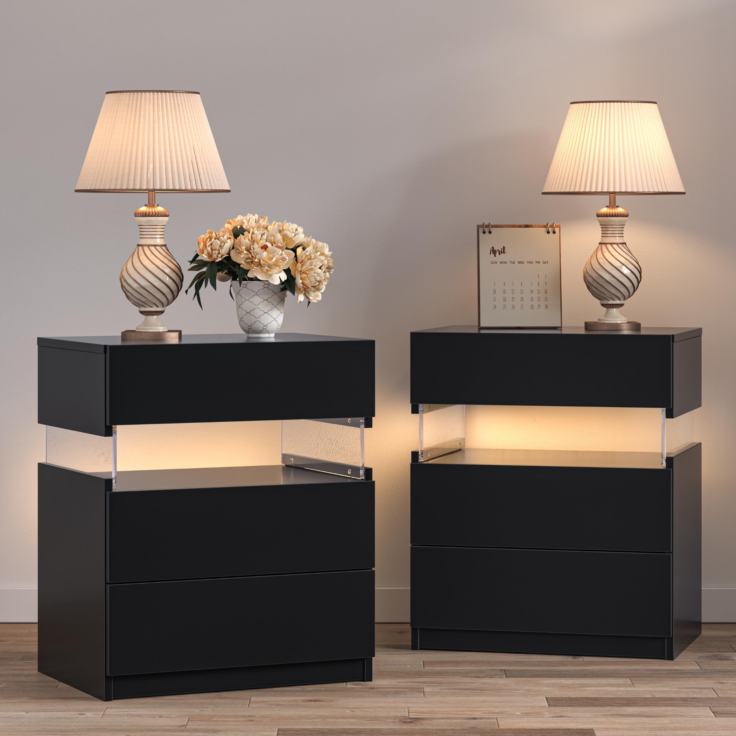 Bingoday Nightstands Set of 2 LED Tall Nightstand Set of 2 Modern LED Bedside Tables Set of 2 with 3 Drawers for Bedroom Living Room