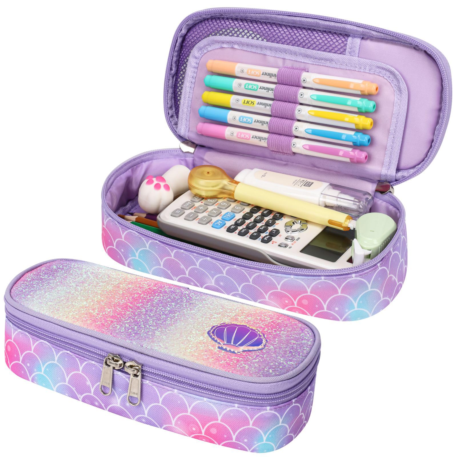 BrainyBees Pencil Case for Girls - Cute Pencil Case for Kids Special Pencil Pouch for Girls Sparkly Kids Pencil Box Pencil Bag for School, Pencil Case Only (Glitter Purple, Mermaid)