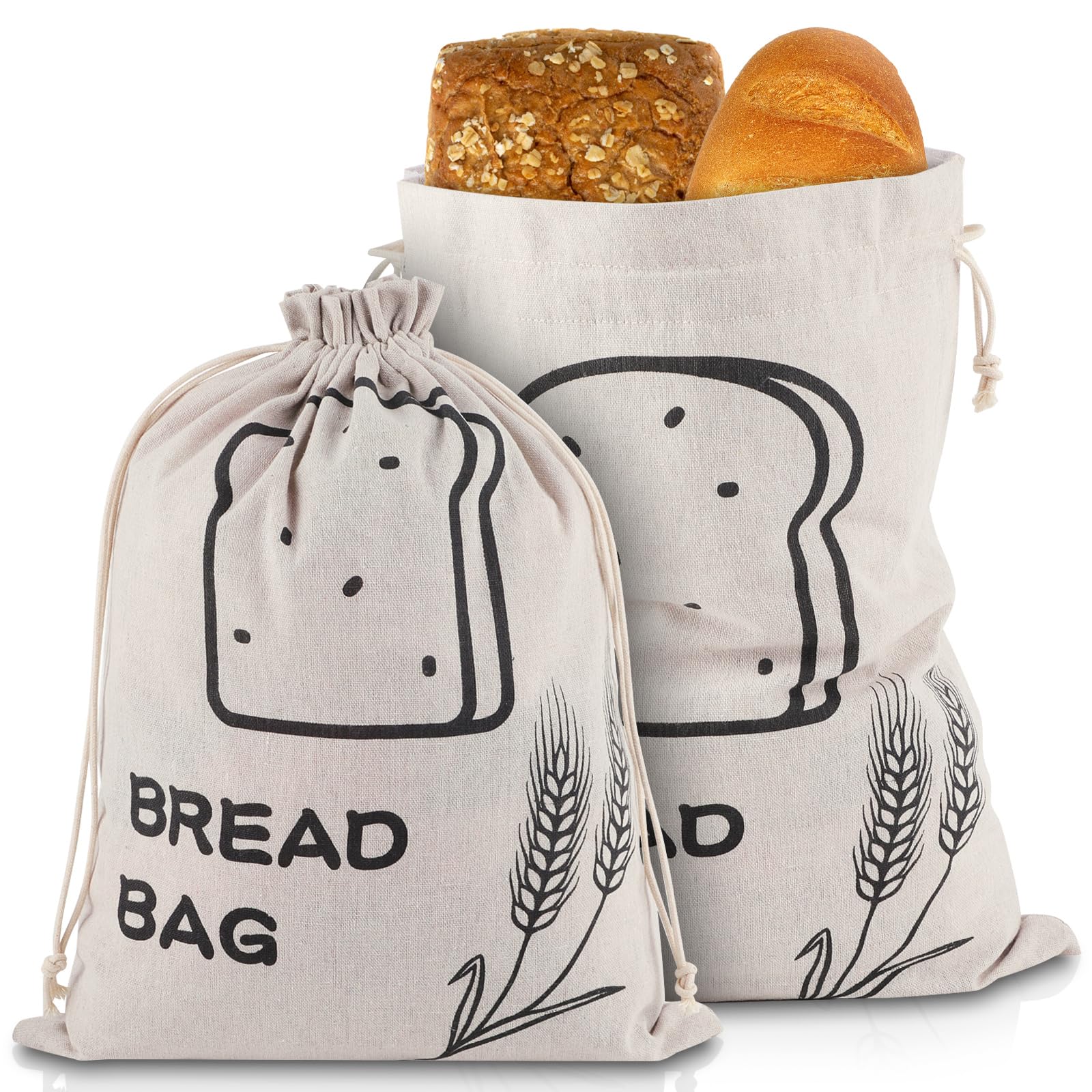 Bread Bags, 2 Pack Linen Bread Bags, Bread Bags for Homemade Bread Storage with Drawstring — Plastic Lined, Reusable Gift Bag for Housewarming, Wedding (17 × 13”)