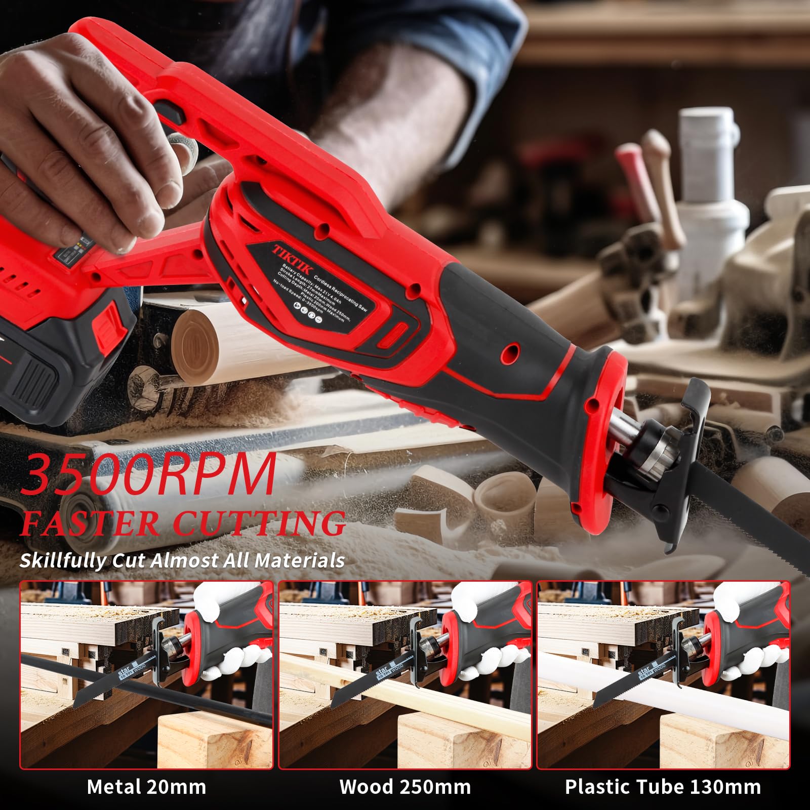 TIKTIK Reciprocating Saw Cordless,0-3500 SPM Portable Reciprocating Saw with 2 x 4.0Ah Battery,12 Saw Blades,Tool-free Blade Change,21V Brushless Power Reciprocating Saws for Wood/Metal/PVC