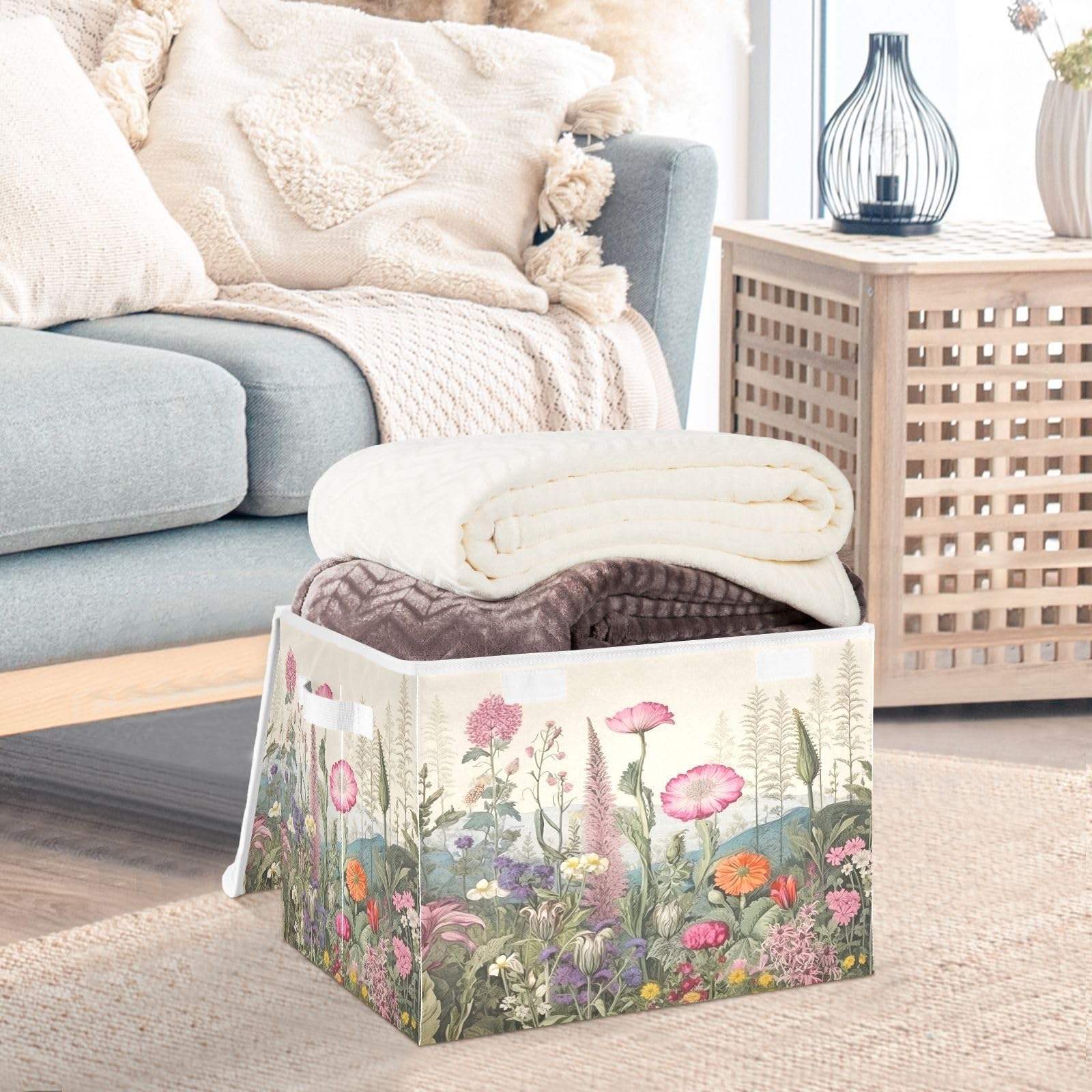 xigua Storage Basket Wildflowers Storage Boxes with Lids and Handle, Large Storage Cube Bin Collapsible for Shelves Closet Bedroom Living Room, 16.5x12.6x11.8 Inch