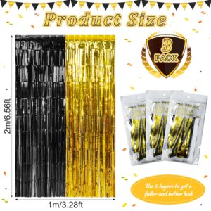 3Pack 3.3Ft x 6.6Ft Graduation Foil Fringe Curtain Backdrop Decorations, Black Gold Metallic Tinsel Foil Streamers Curtain Photo Booth Background for Graduation Prom Wedding Birthday Party Decorations