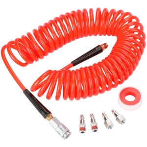 hromee 1/4 in x 30 ft polyurethane recoil air compressor hose with bend restrictors compressor hose with 1/4" industrial universal quick coupler and 4pcs i/m plug kit, red