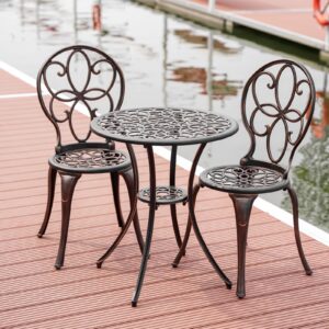 patio-in 3 piece outdoor bistro set, cast aluminum bistro table and chairs set, weather resistant patio metal bistro sets, patio table set with 1.97" umbrella hole for balcony backyard garden