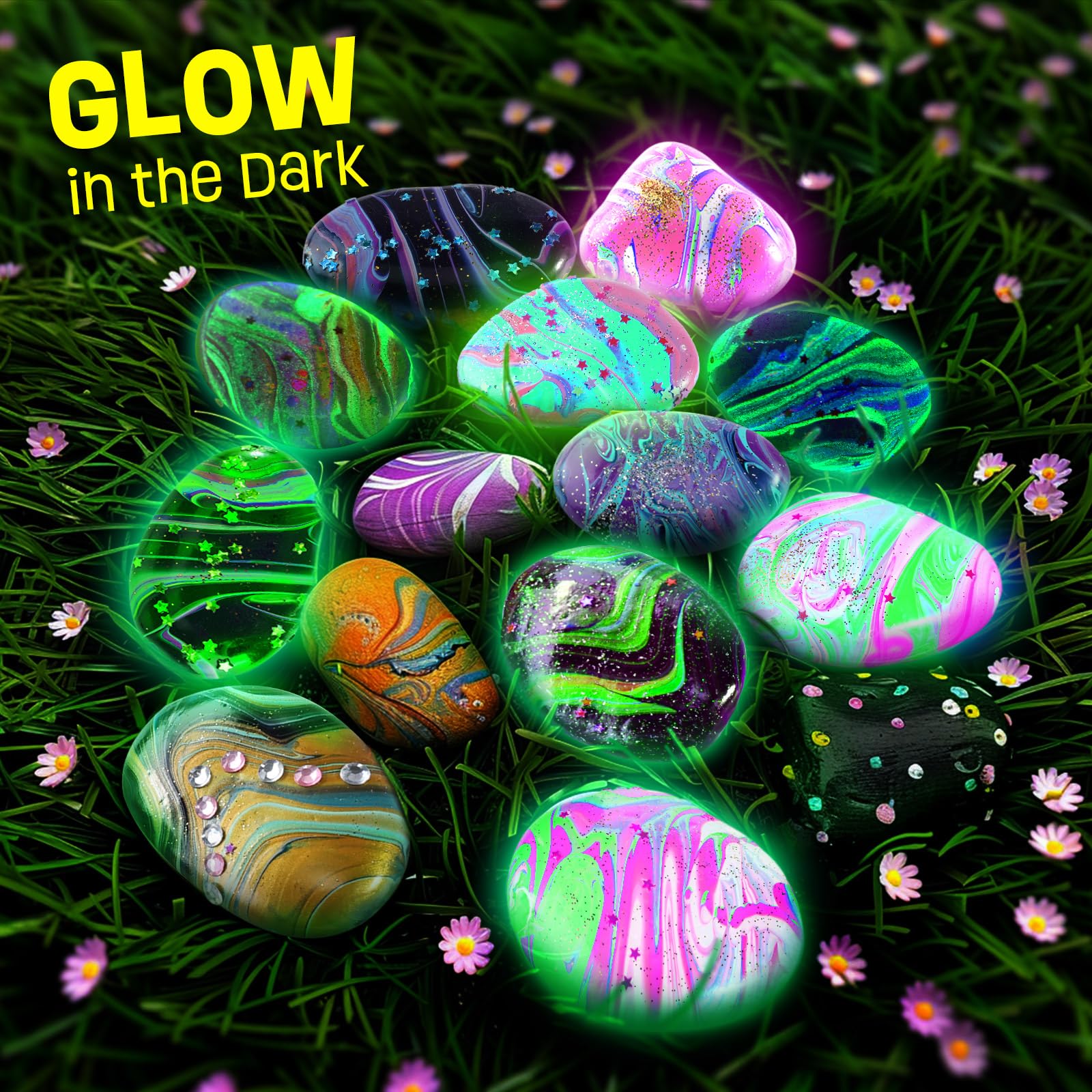 2 in 1 Rock Painting Art Kit - Glow in The Dark Pouring Rock Kit - Arts and Crafts for Kids Girls & Boys Ages 6-8, 8-12, Craft Paint Kits Art Toys, Art Supplies Christmas Birthday Gift for Kids