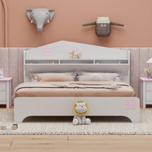 Full Bed with Storage Headboard, Wood Platform Bed with House Shaped Headboard, Kid Low Bed Frame with Shelf and Slats Support, No Box Spring Needed, White