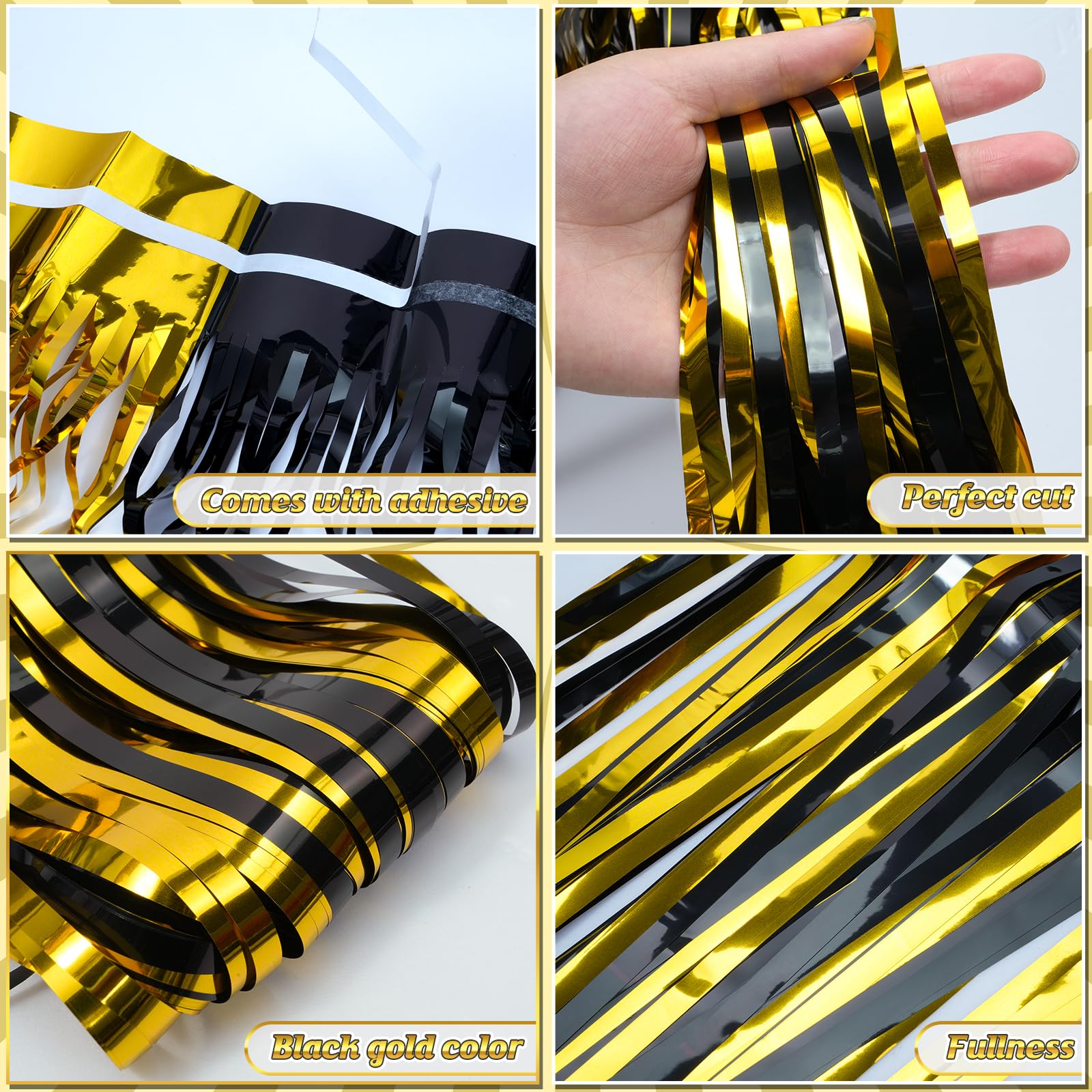 3Pack 3.3Ft x 6.6Ft Graduation Foil Fringe Curtain Backdrop Decorations, Black Gold Metallic Tinsel Foil Streamers Curtain Photo Booth Background for Graduation Prom Wedding Birthday Party Decorations